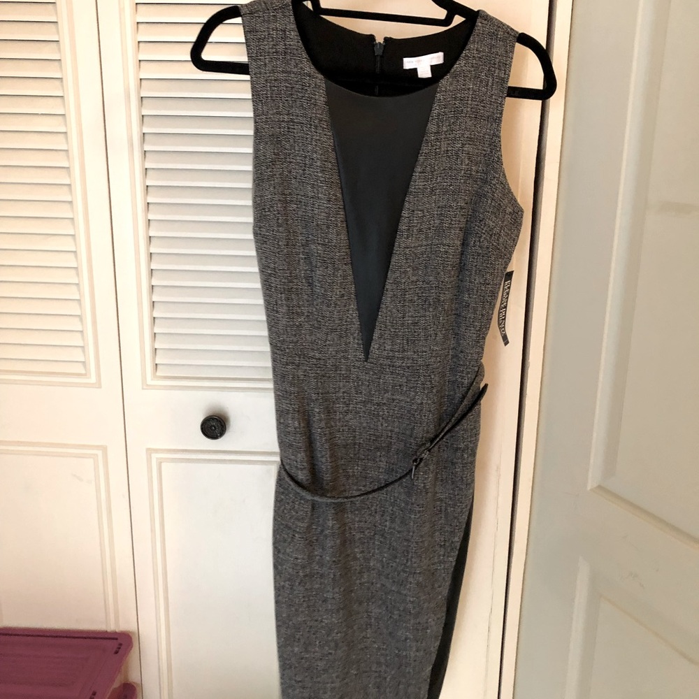 NY&Co Belted Sheath Dress with Faux Leather Insets. Black and White. NWT Size 4